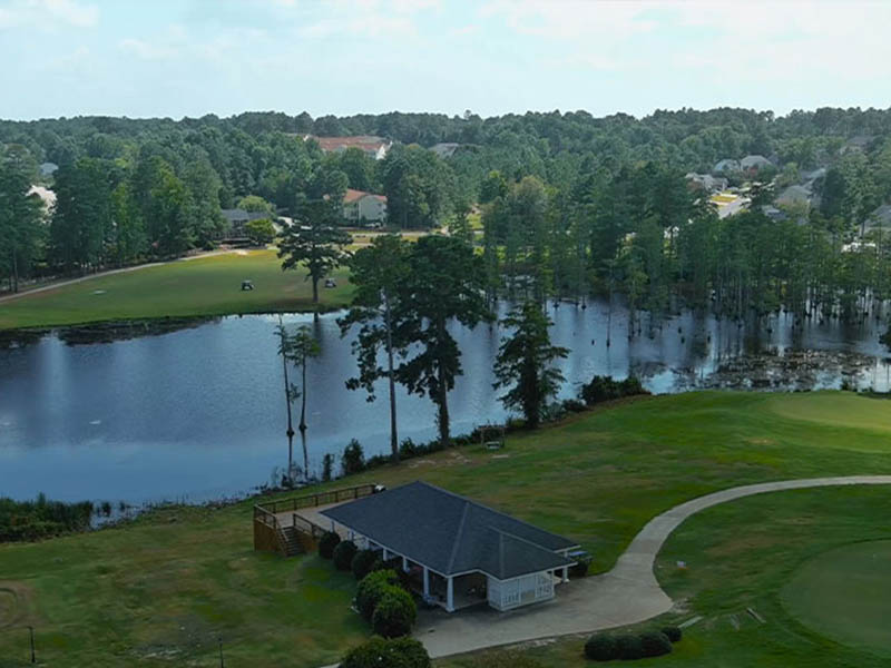 King's Grant Golf Club aerial view of the pavilion by the water